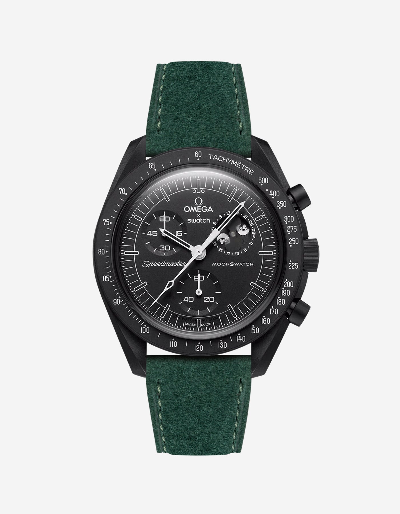 Omega X Swatch Mission to the Moonphase New Moon with Dark Green suede leather strap mounted on watch – front view