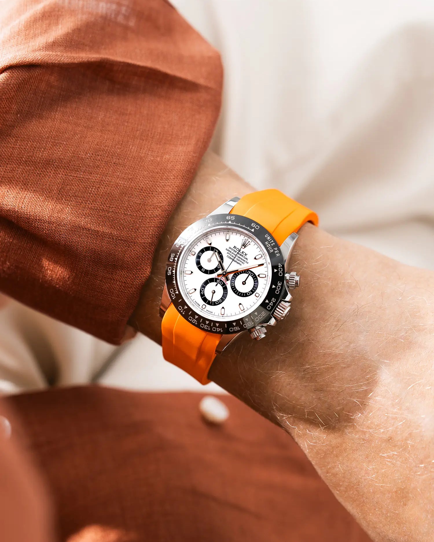 Orange FKM Rubber Strap Integrated for Original Clasp - Rolex Daytona 116500 wrist shot white orange shirt