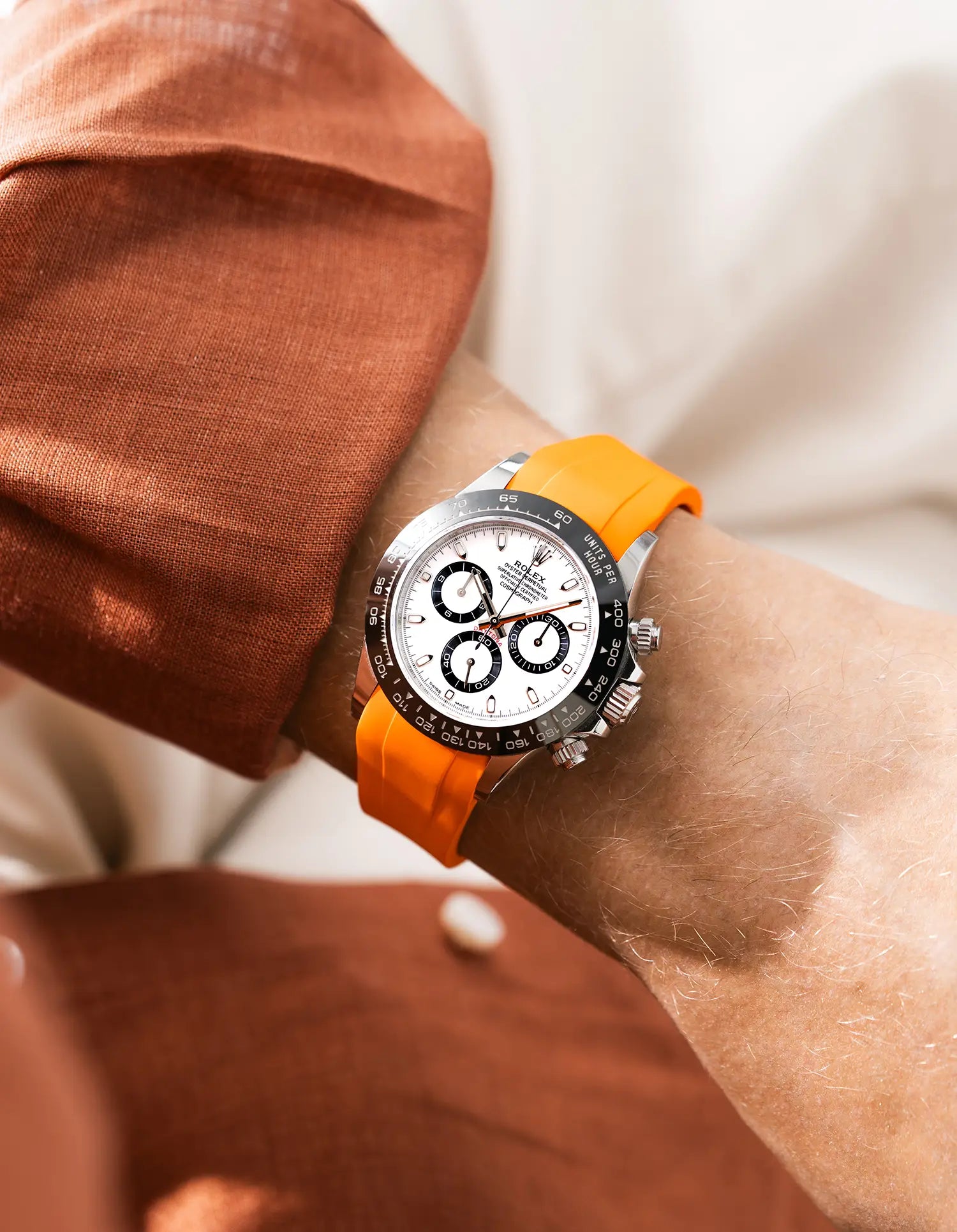 Orange FKM Rubber Strap Integrated for Original Clasp - Rolex Daytona 116500 wrist shot white orange shirt