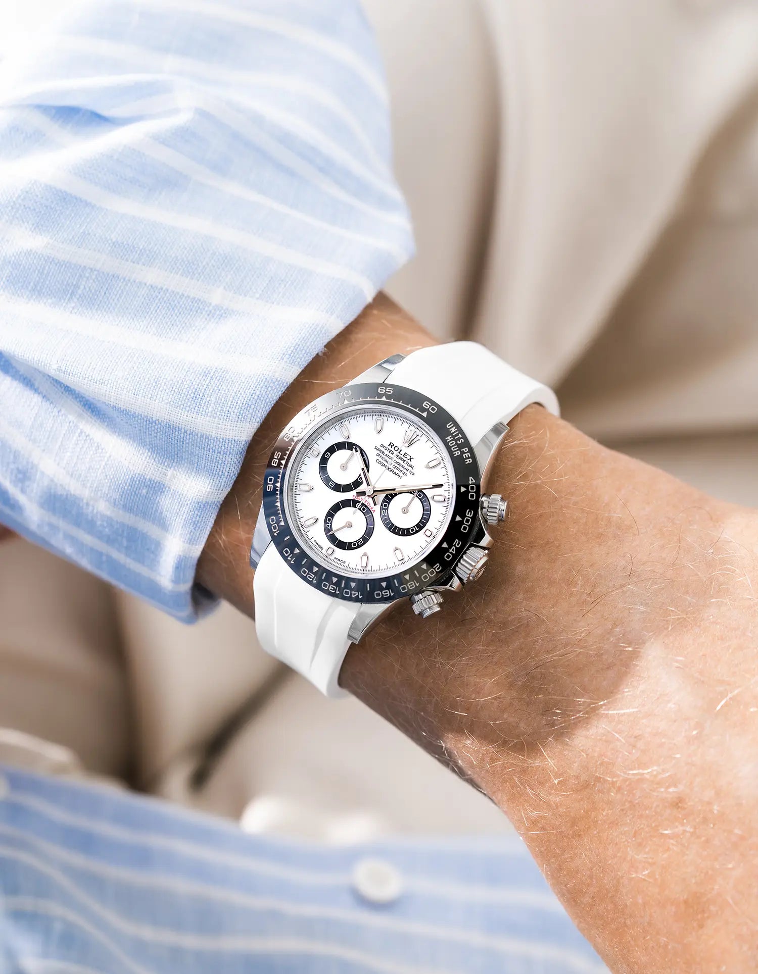White FKM Rubber Strap Integrated for Original Clasp - Rolex Daytona 116500 white dial wrist shot with blue shirt