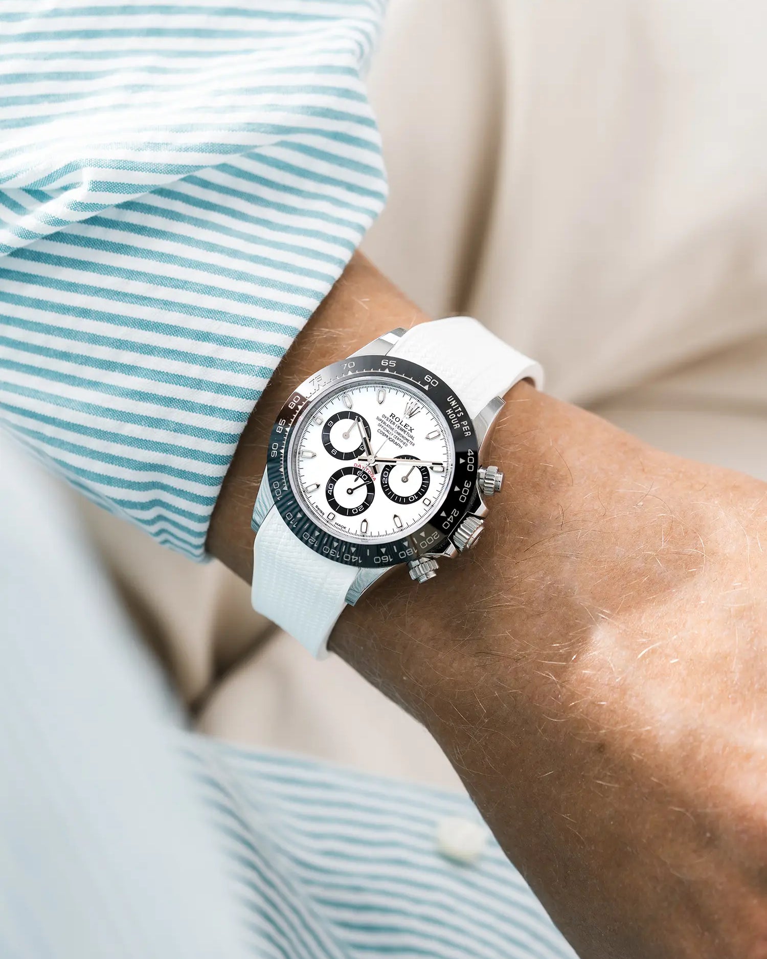 Vertech white integrated FKM rubber strap with original clasp on Rolex Daytona 116500 white dial ceramic bezel wrist shot