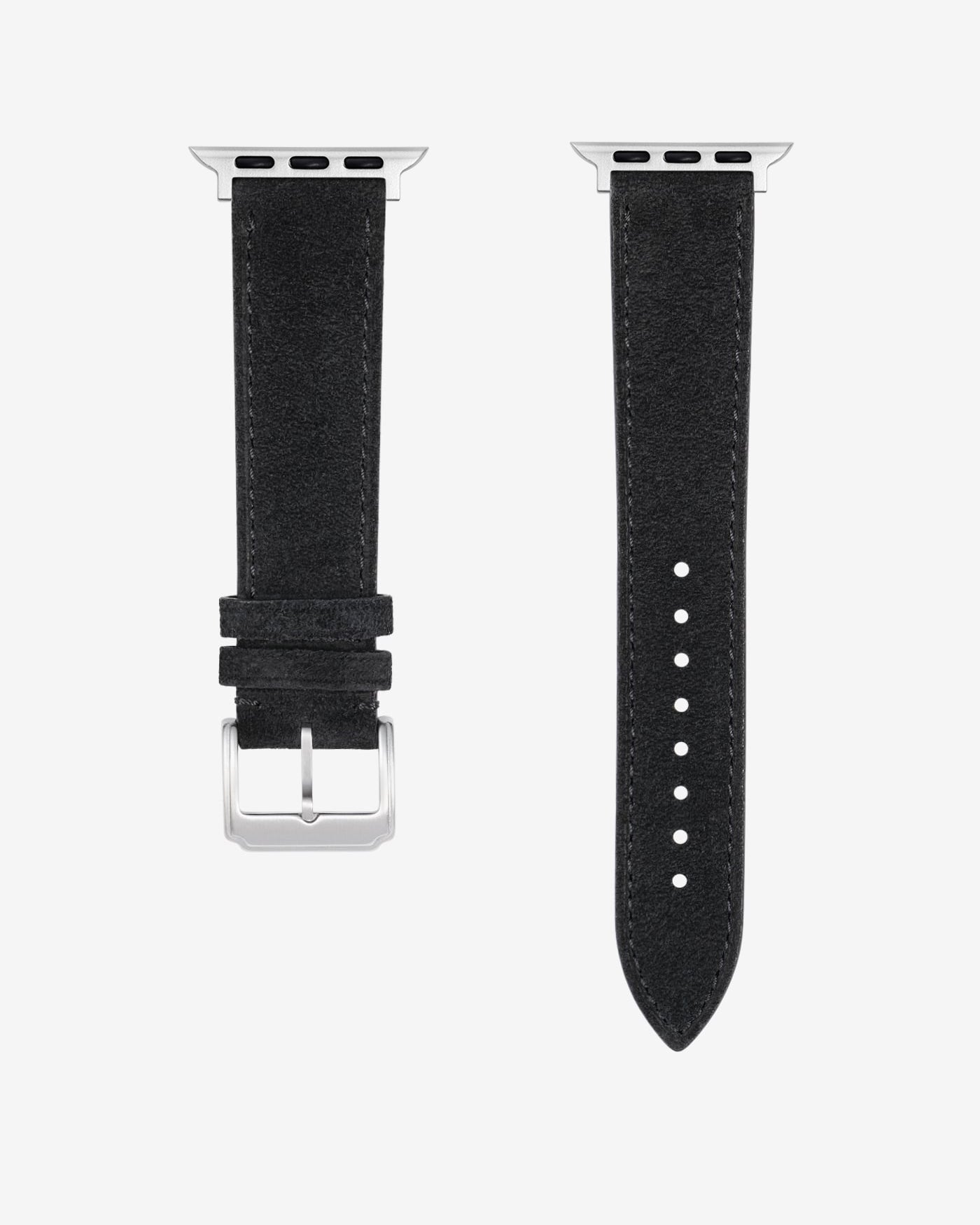 Black leather Apple Watch band in suede with silver buckle - in detail