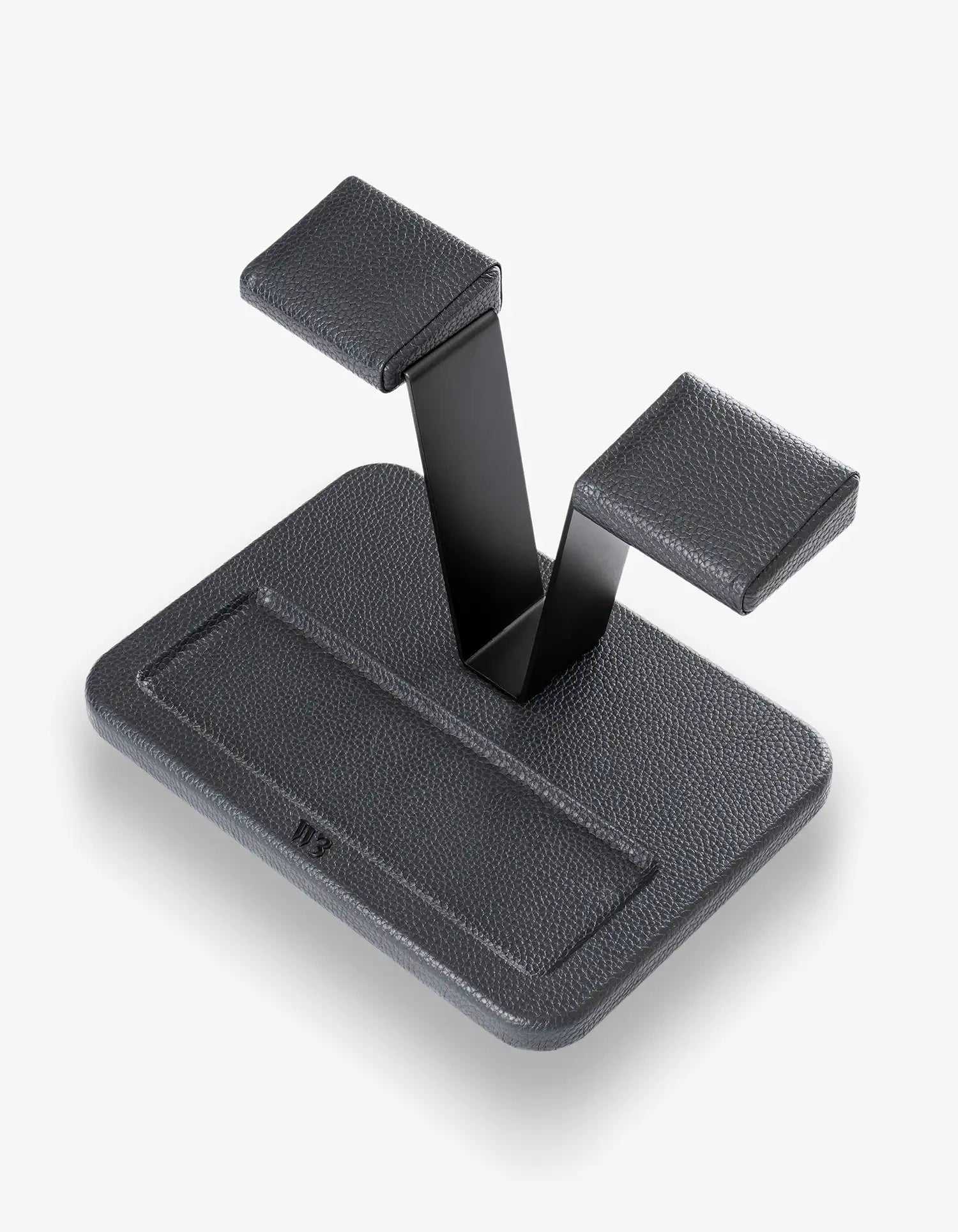 Wristbuddys Double Watch Stand in black calfskin leather, designed to display two watches on a desk or nightstand