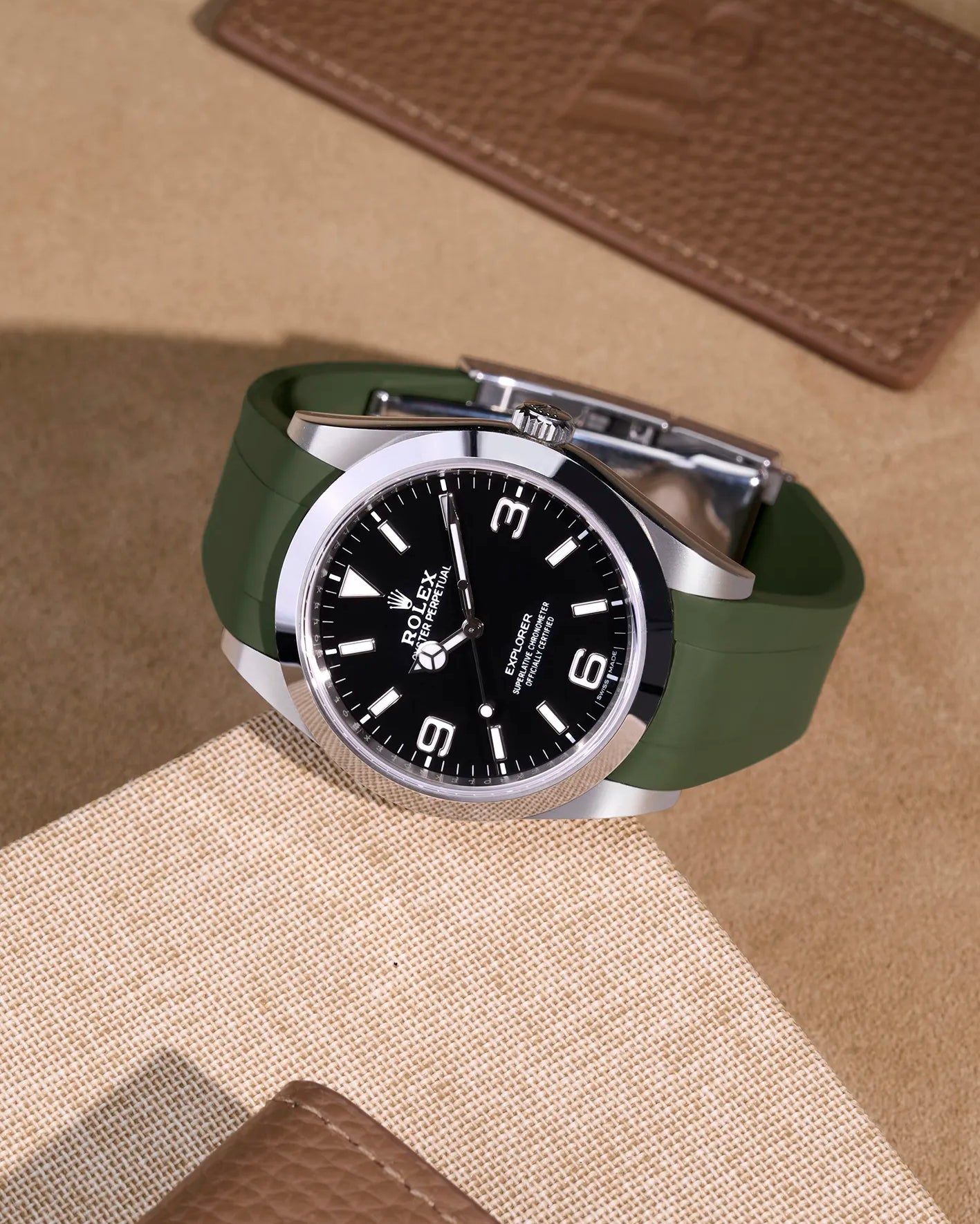 Green FKM rubber strap on Rolex Explorer 214270 with original clasp – seamless integration and rugged design