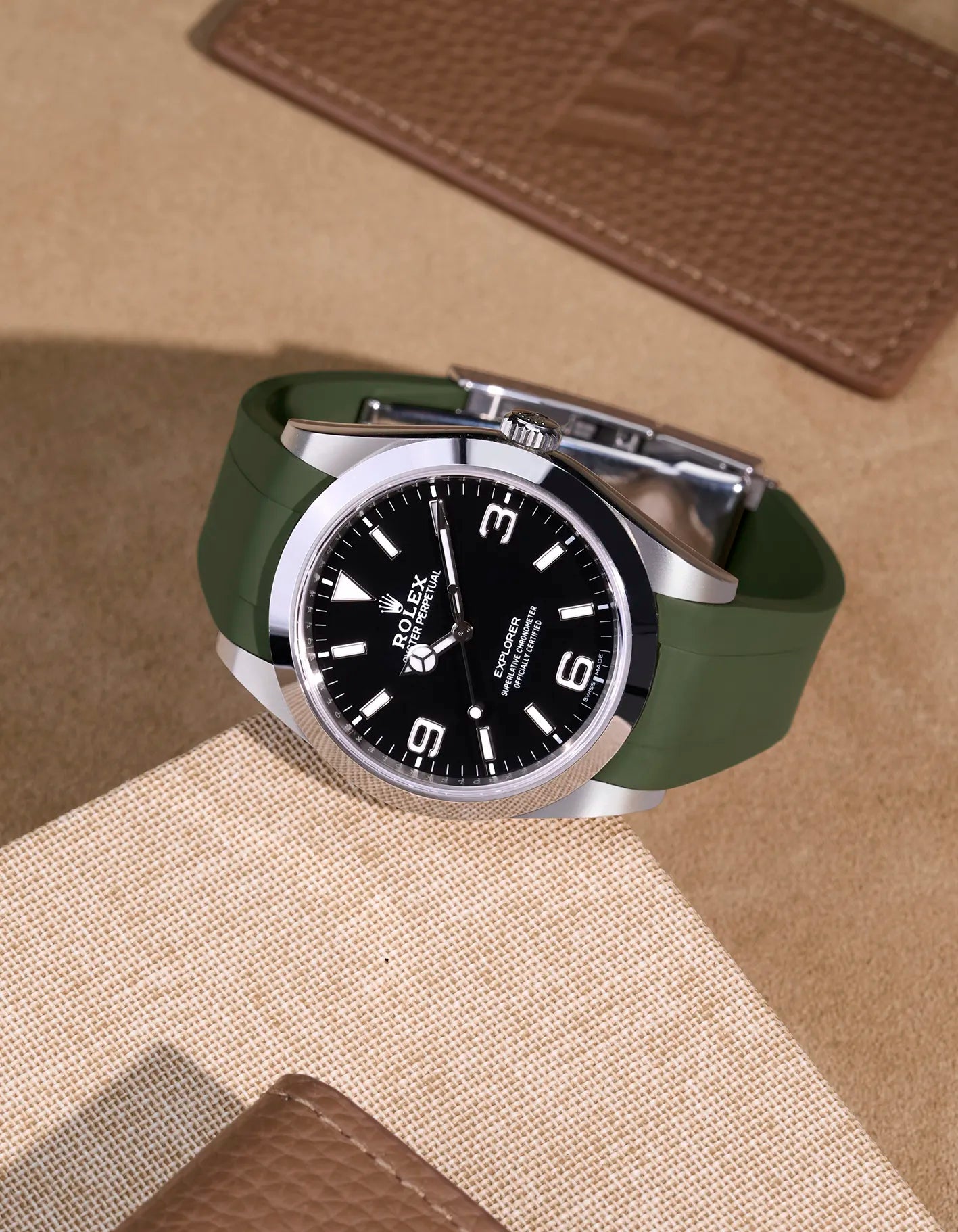 Green FKM rubber strap on Rolex Explorer 214270 with original clasp – seamless integration and rugged design