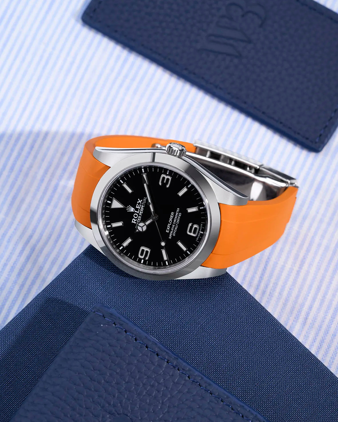 Rolex Explorer 214270 with orange FKM rubber strap and original clasp – premium integrated fit