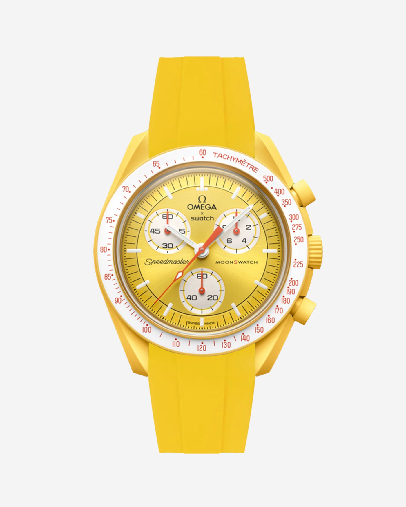 Yellow watch with a detailed face on a white background