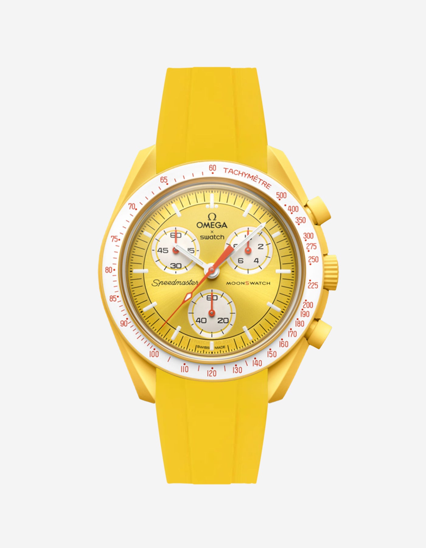 Yellow watch with a detailed face on a white background