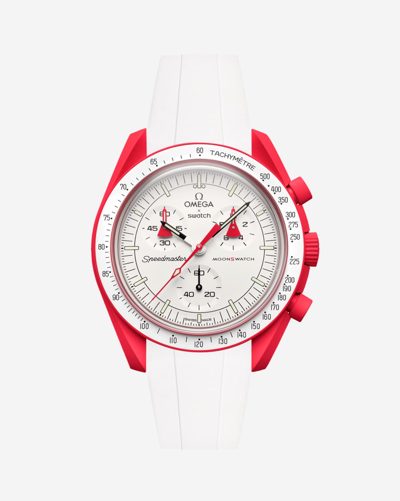Omega watch with red accents on a white background