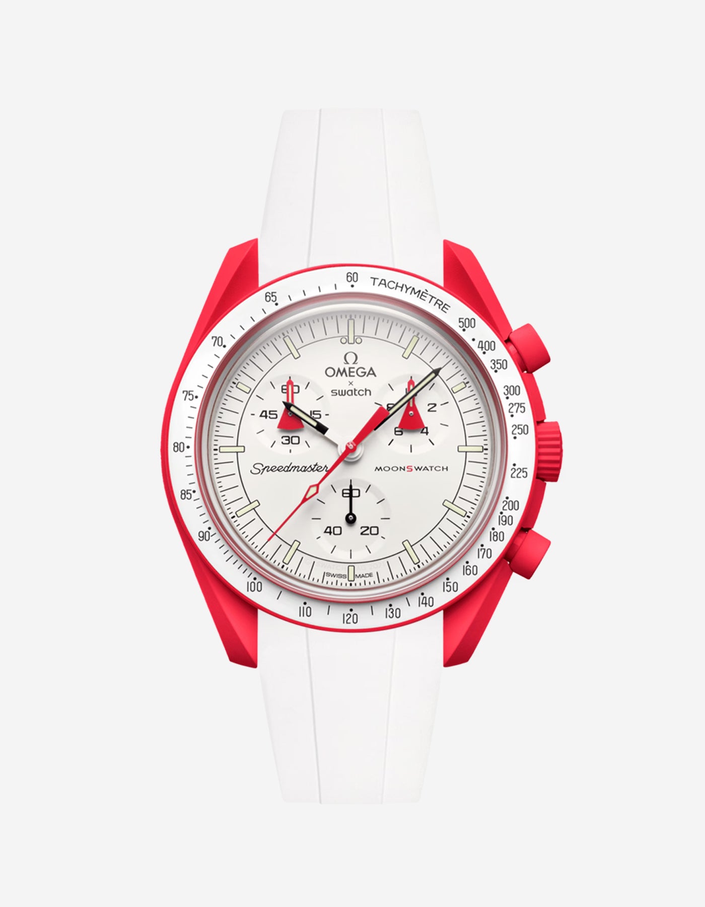 Omega watch with red accents on a white background