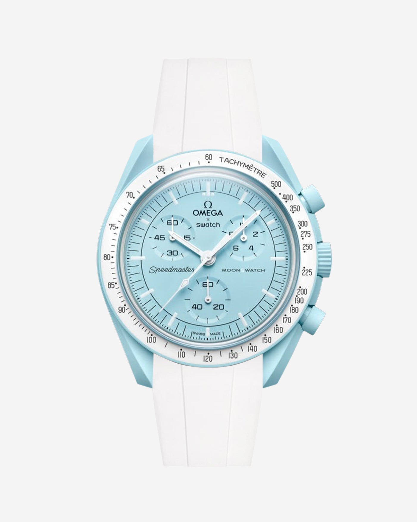 Omega X Swatch MoonSwatch Uranus watch with blue face and white strap on a light gray background