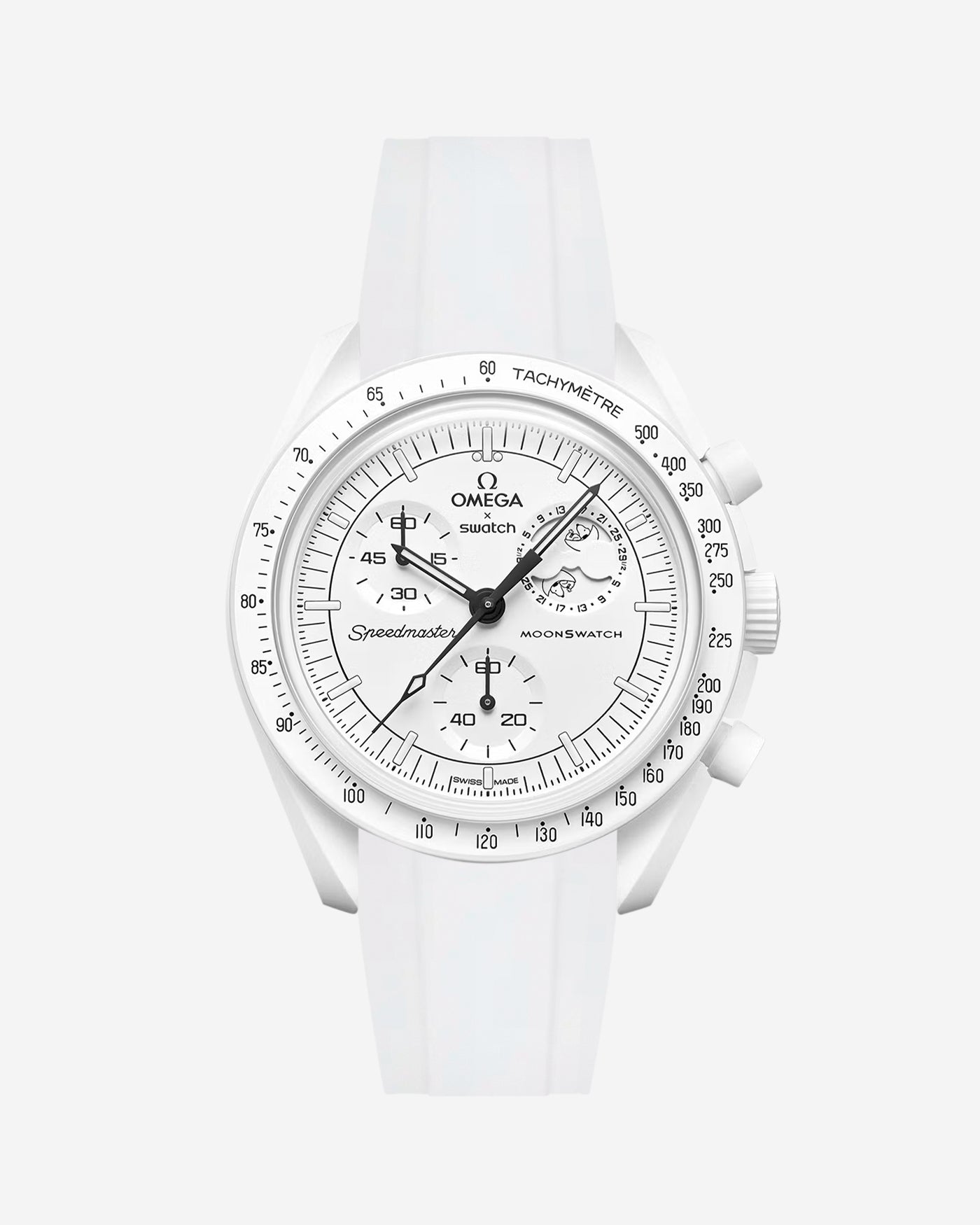 Omega X Swatch MoonSwatch Mission to the MoonPhase on a white fkm rubber watch strap with a white background showcasing both the watch and the watch strap from Wristbuddys