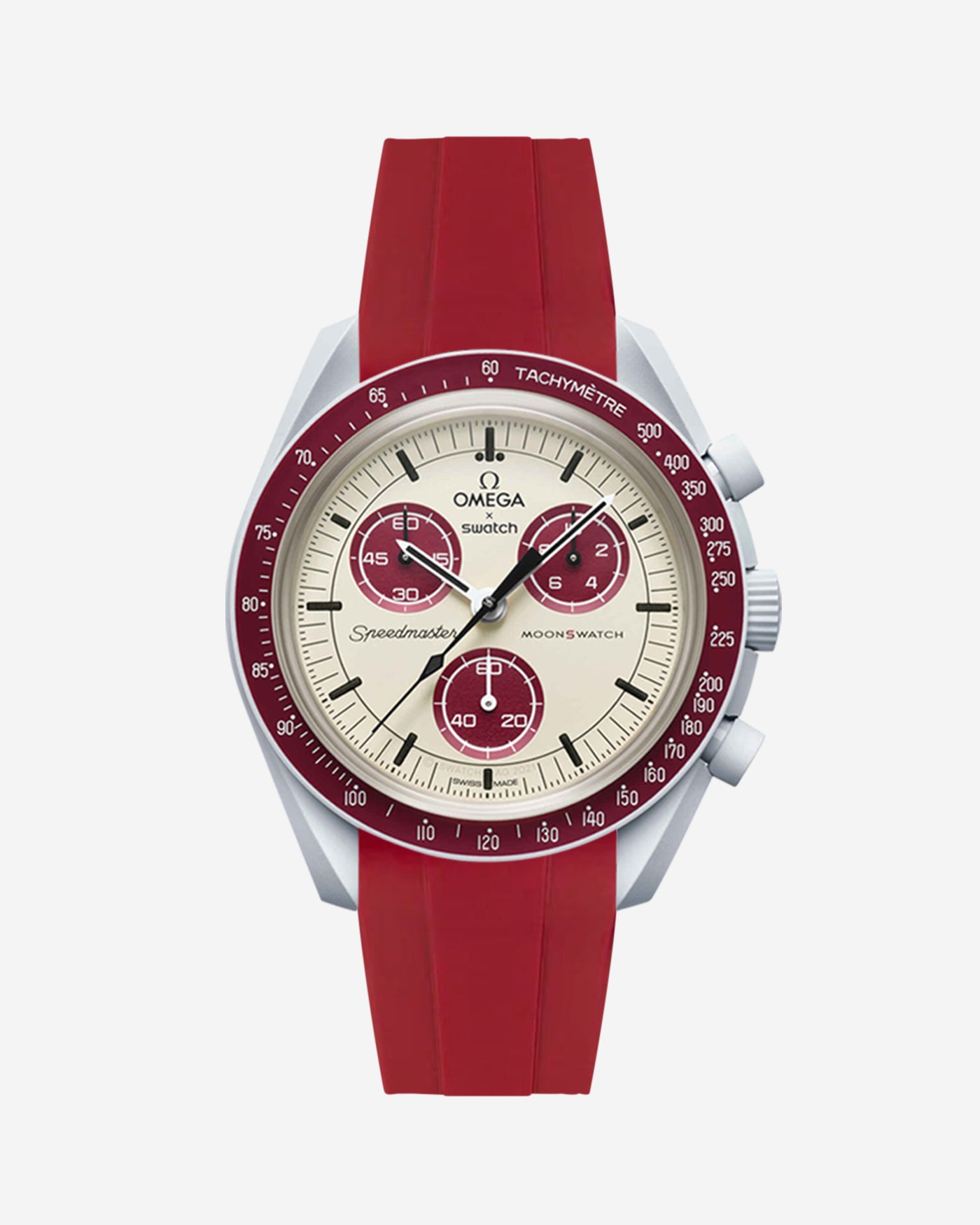 A burgundy curved rubber watch strap with a stainless steel buckle, designed for the Omega X Swatch MoonSwatch Mission to Pluto watch.