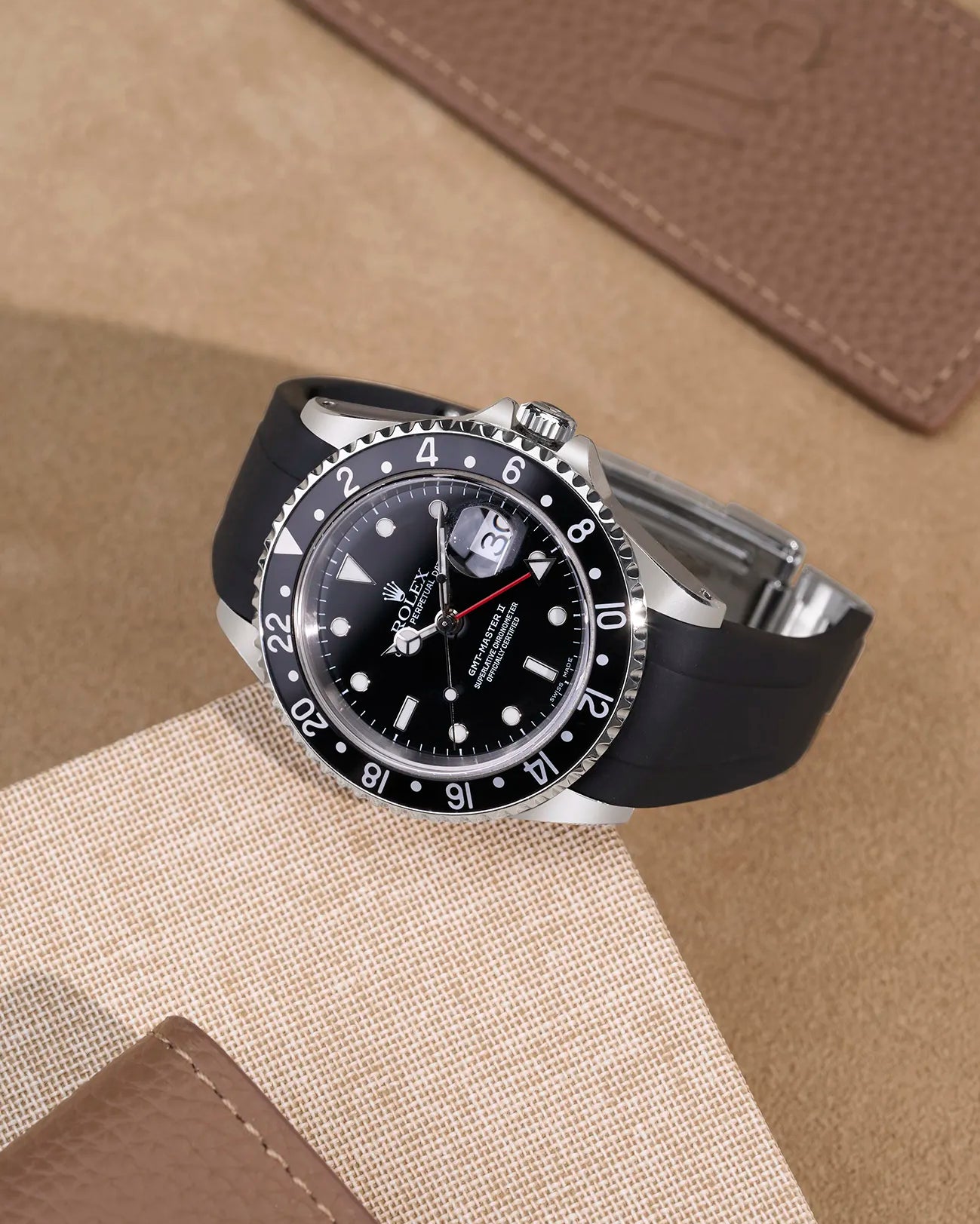 Rolex GMT-Master II 16710 and 16713 with black FKM rubber strap integrated with original clasp – top view