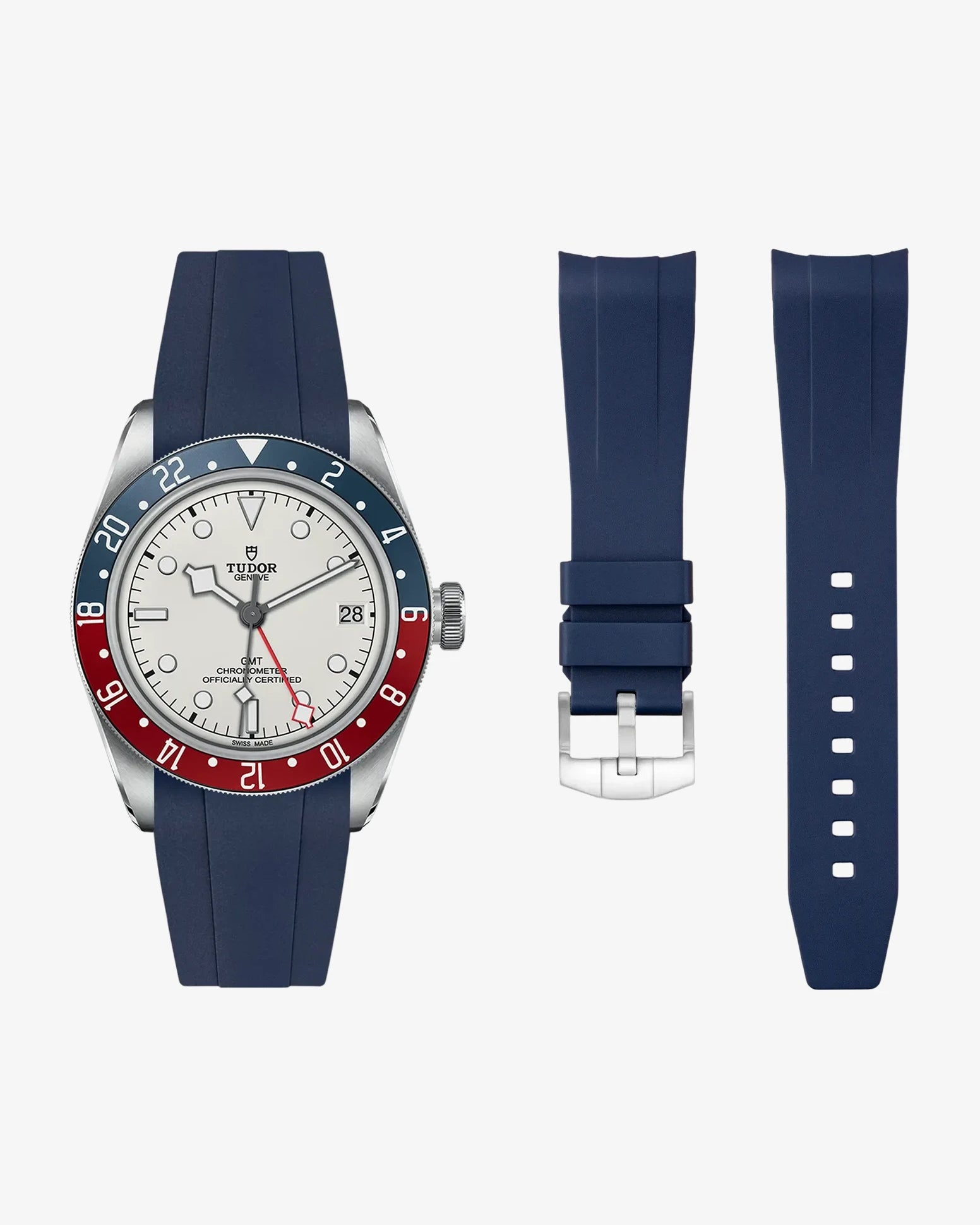 Navy Blue FKM tudor rubber watch strap with premium steel buckle on a light gray background with a Tudor GMT steel watch with white dial