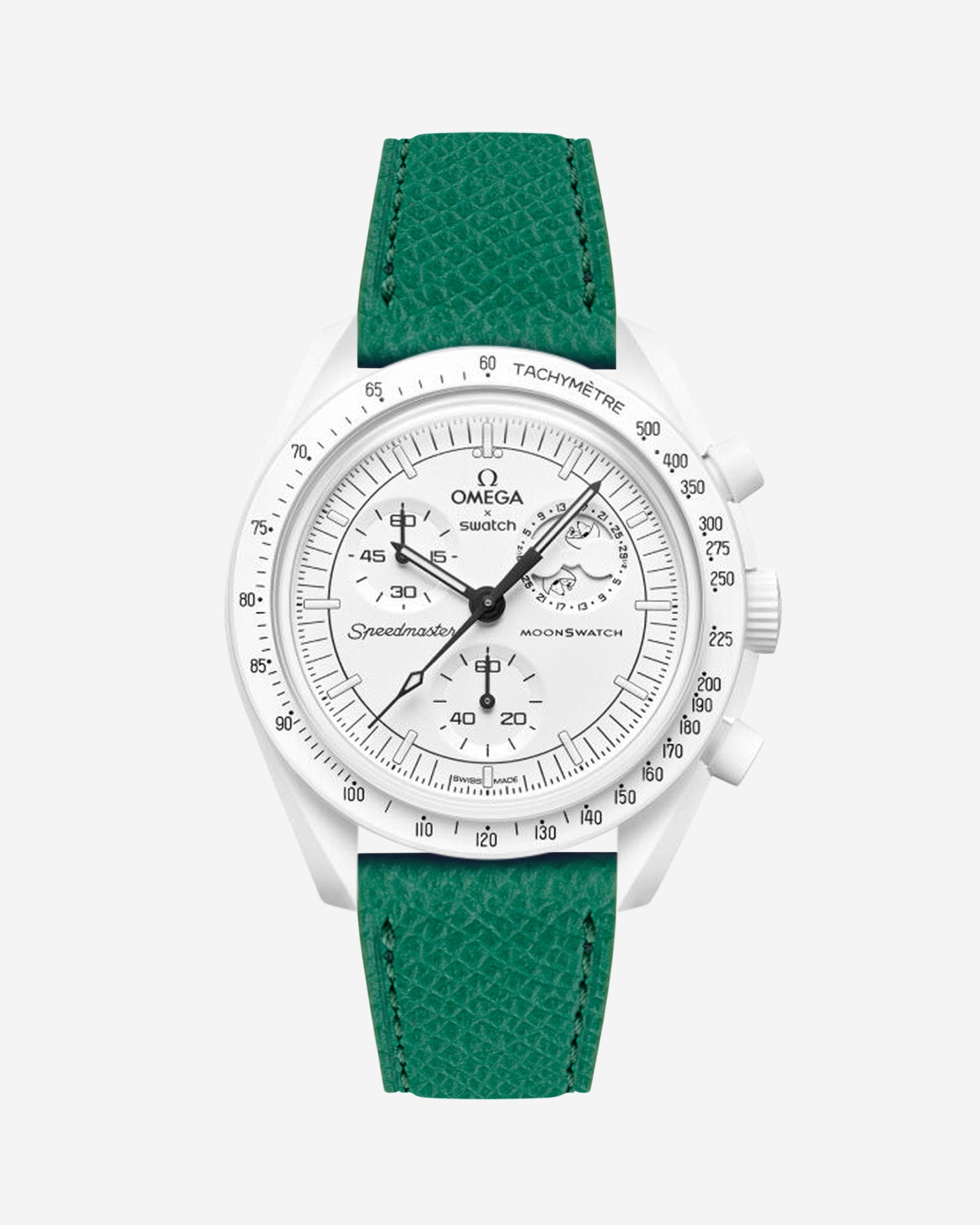 Green Epsom leather strap on Omega x Swatch Mission to the Moonphase Full Moon watch