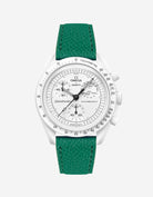 Green Epsom leather strap on Omega x Swatch Mission to the Moonphase Full Moon watch
