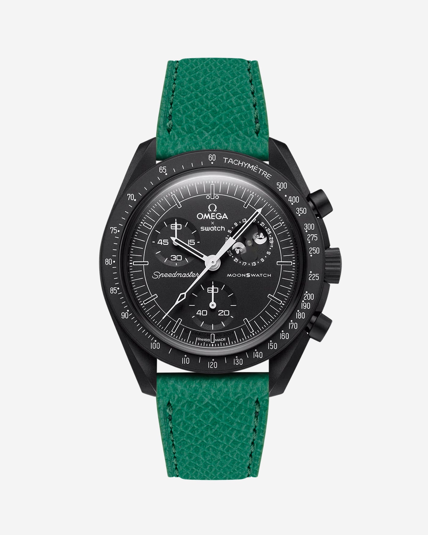 Green Epsom leather strap on Omega x Swatch Mission to the Moonphase New Moon watch