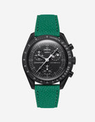 Green Epsom leather strap on Omega x Swatch Mission to the Moonphase New Moon watch
