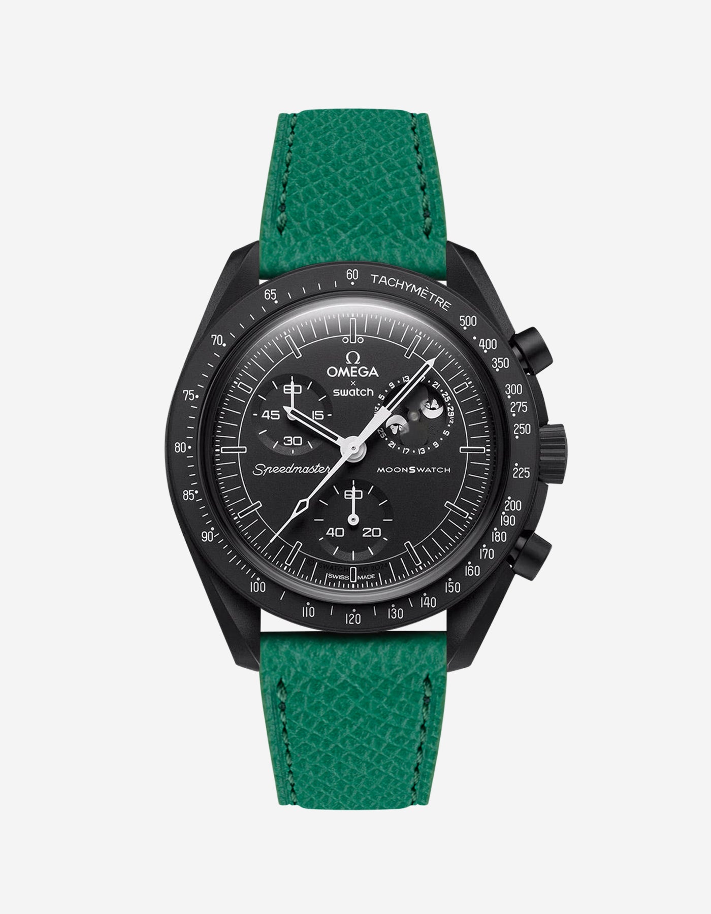 Green Epsom leather strap on Omega x Swatch Mission to the Moonphase New Moon watch