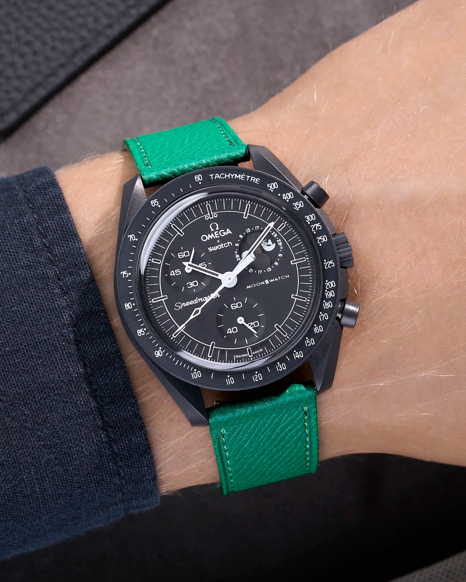 Green Epsom leather strap on Omega X Swatch MoonSwatch Mission to the Moonphase New Moon worn on wrist