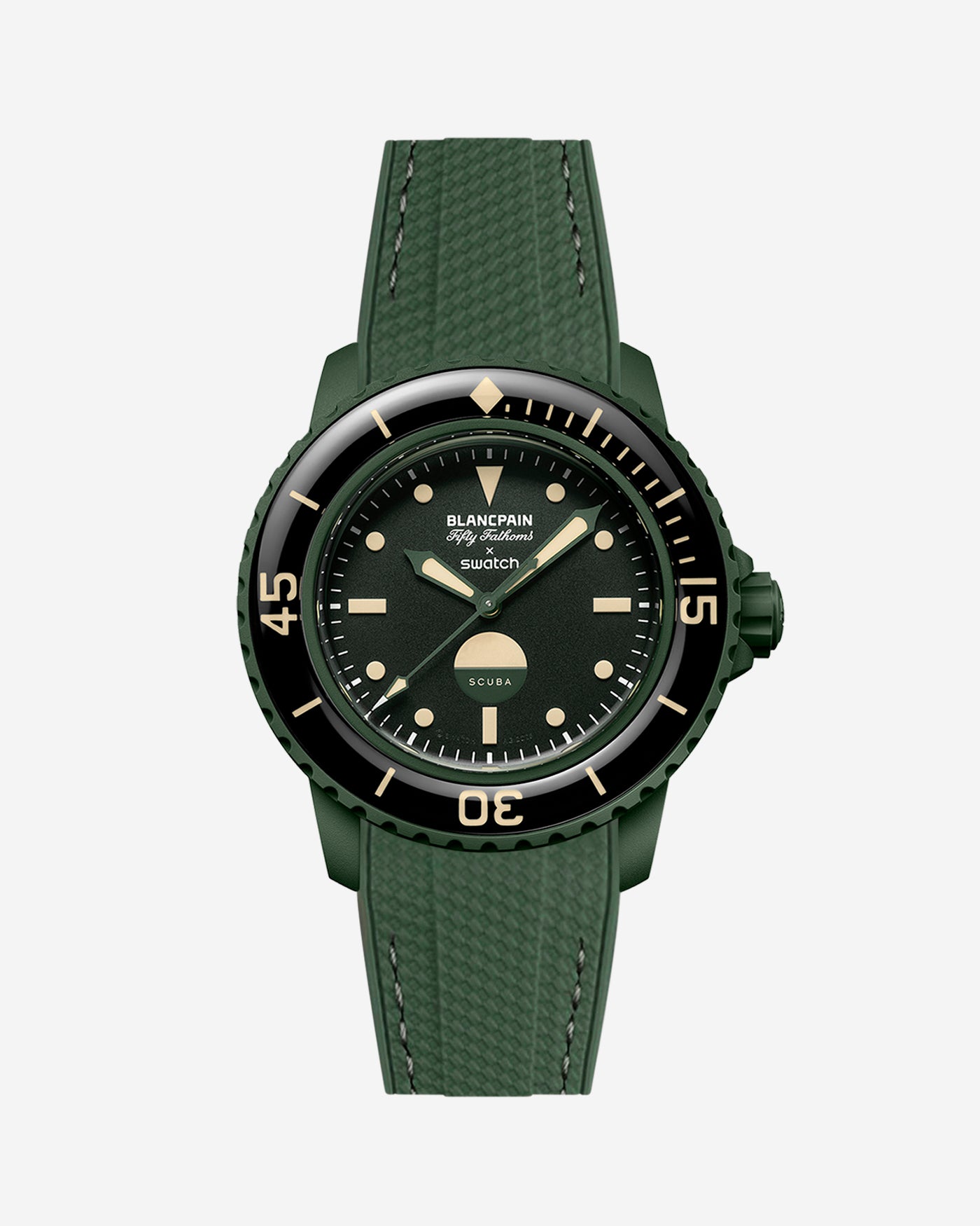 Vertech green rubber strap mounted on Blancpain x Swatch Green Abyss – product view