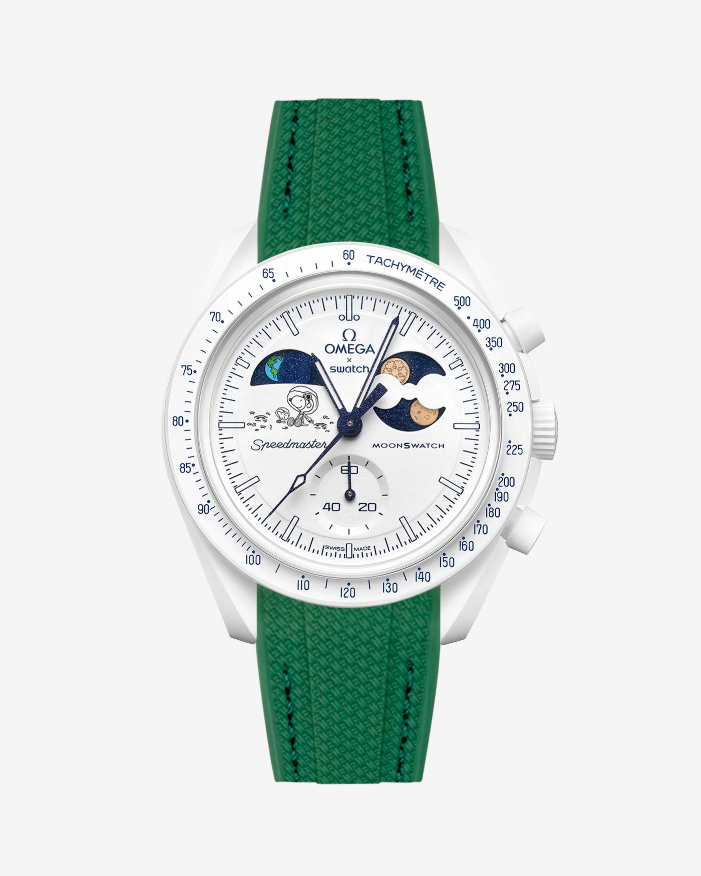 Green rubber strap on Moonswatch Moonshine Gold Cold Moon watch