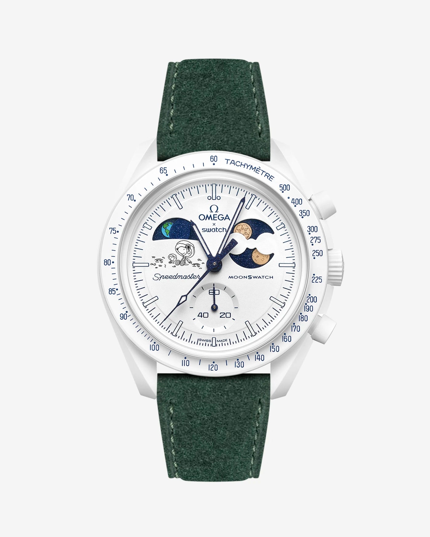 Green Suede Leather Strap on Omega x Swatch MoonSwatch Mission To Earthphase - Moonshine Gold Cold Moon