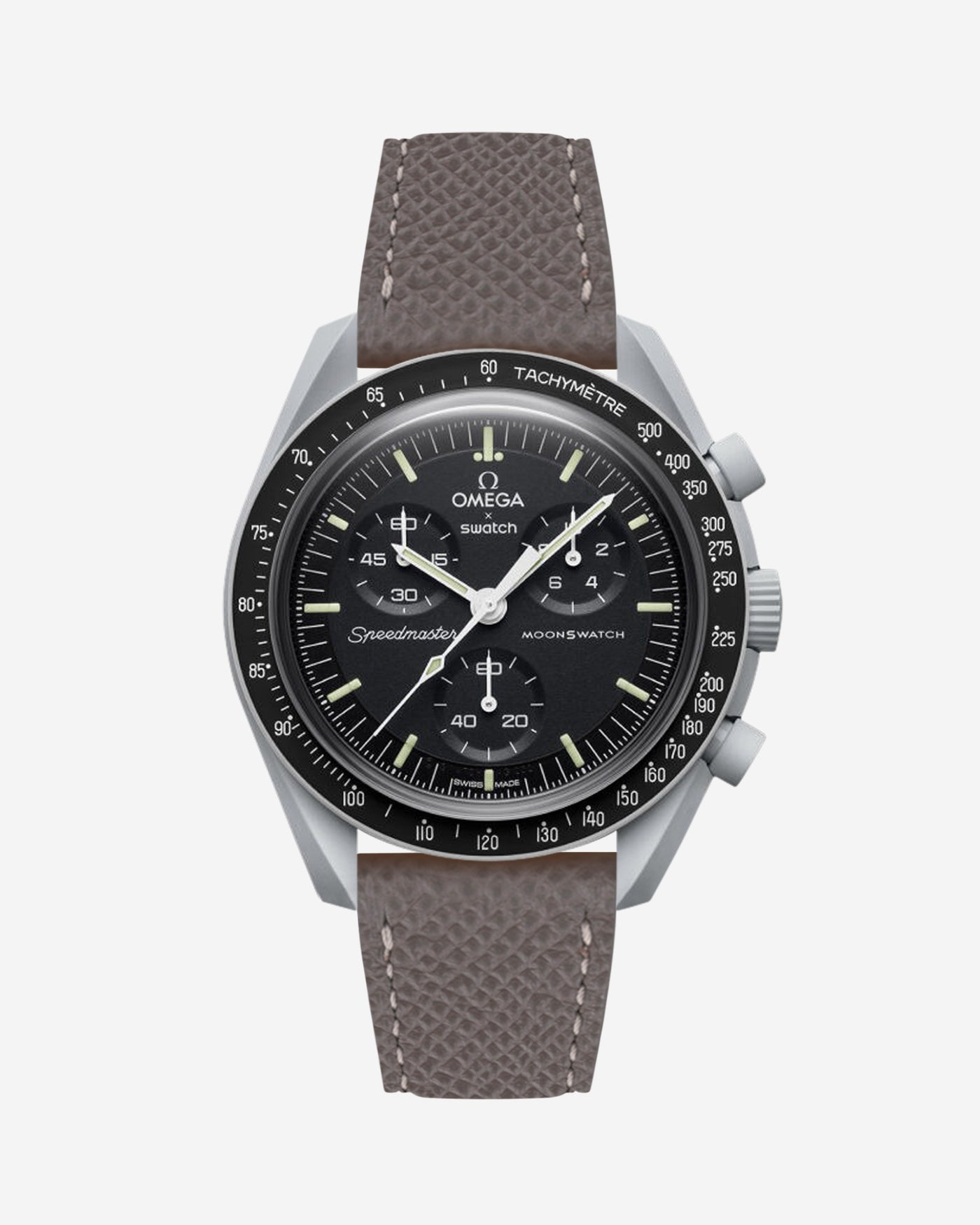 Grey Epsom leather strap on Omega x Swatch Mission to the Moon Watch