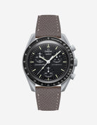 Grey Epsom leather strap on Omega x Swatch Mission to the Moon Watch