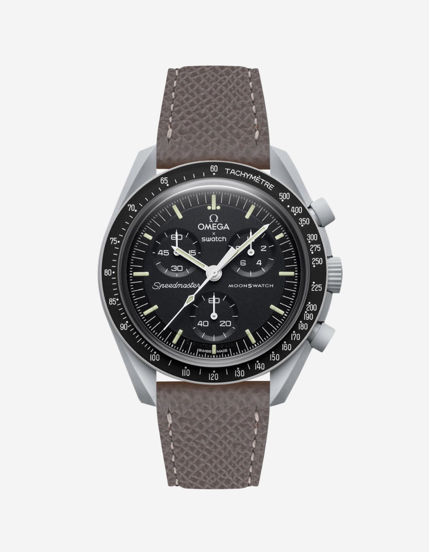 Grey Epsom leather strap on Omega x Swatch Mission to the Moon Watch
