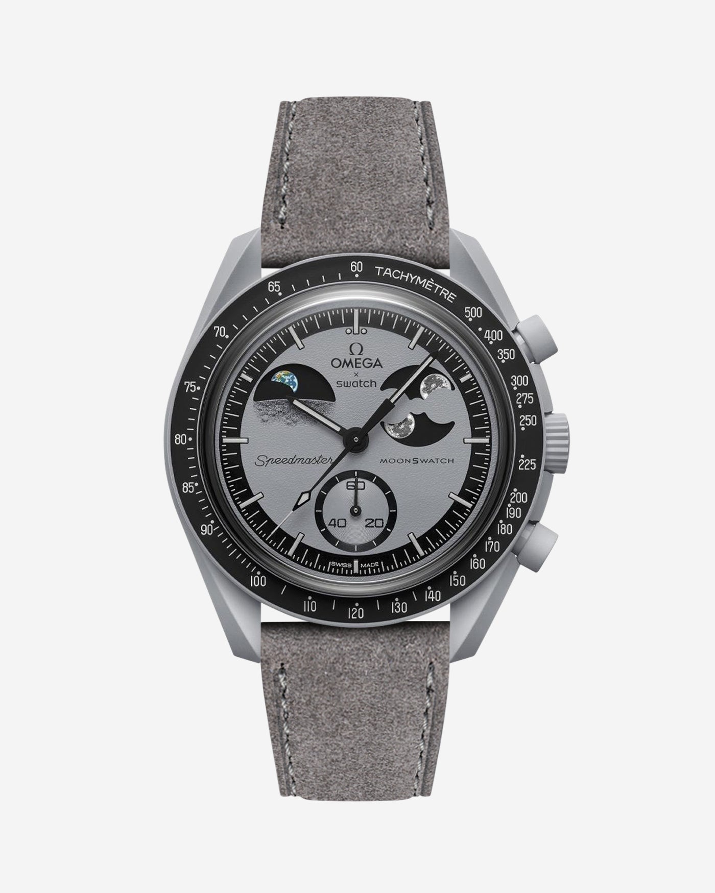Omega X Swatch Mission to Earthphase with Grey suede leather strap mounted on watch – front view
