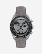 Omega X Swatch Mission to Earthphase with Grey suede leather strap mounted on watch – front view