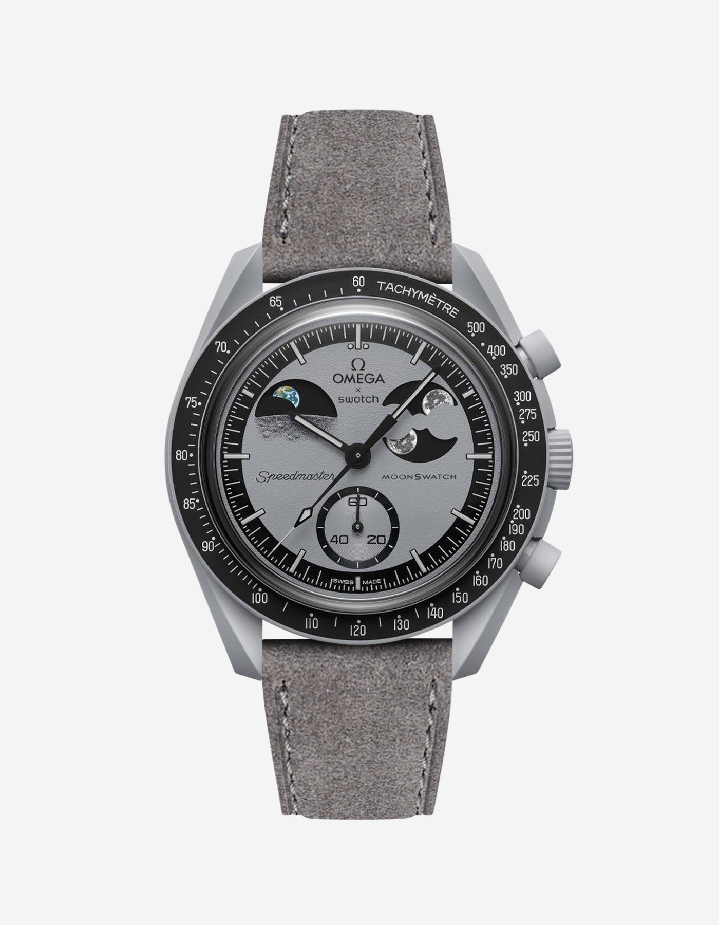 Omega X Swatch Mission to Earthphase with Grey suede leather strap mounted on watch – front view