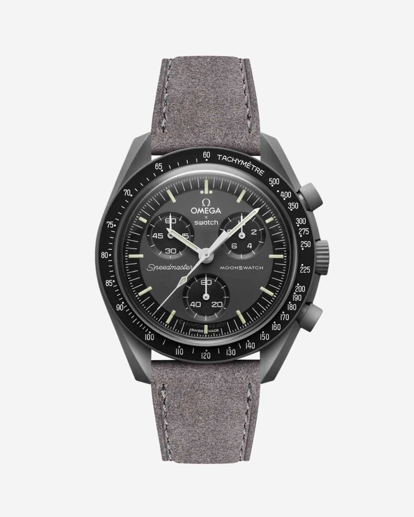 Omega X Swatch Mission to Mercury with Grey suede leather strap mounted on watch – front view