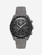 Omega X Swatch Mission to Mercury with Grey suede leather strap mounted on watch – front view