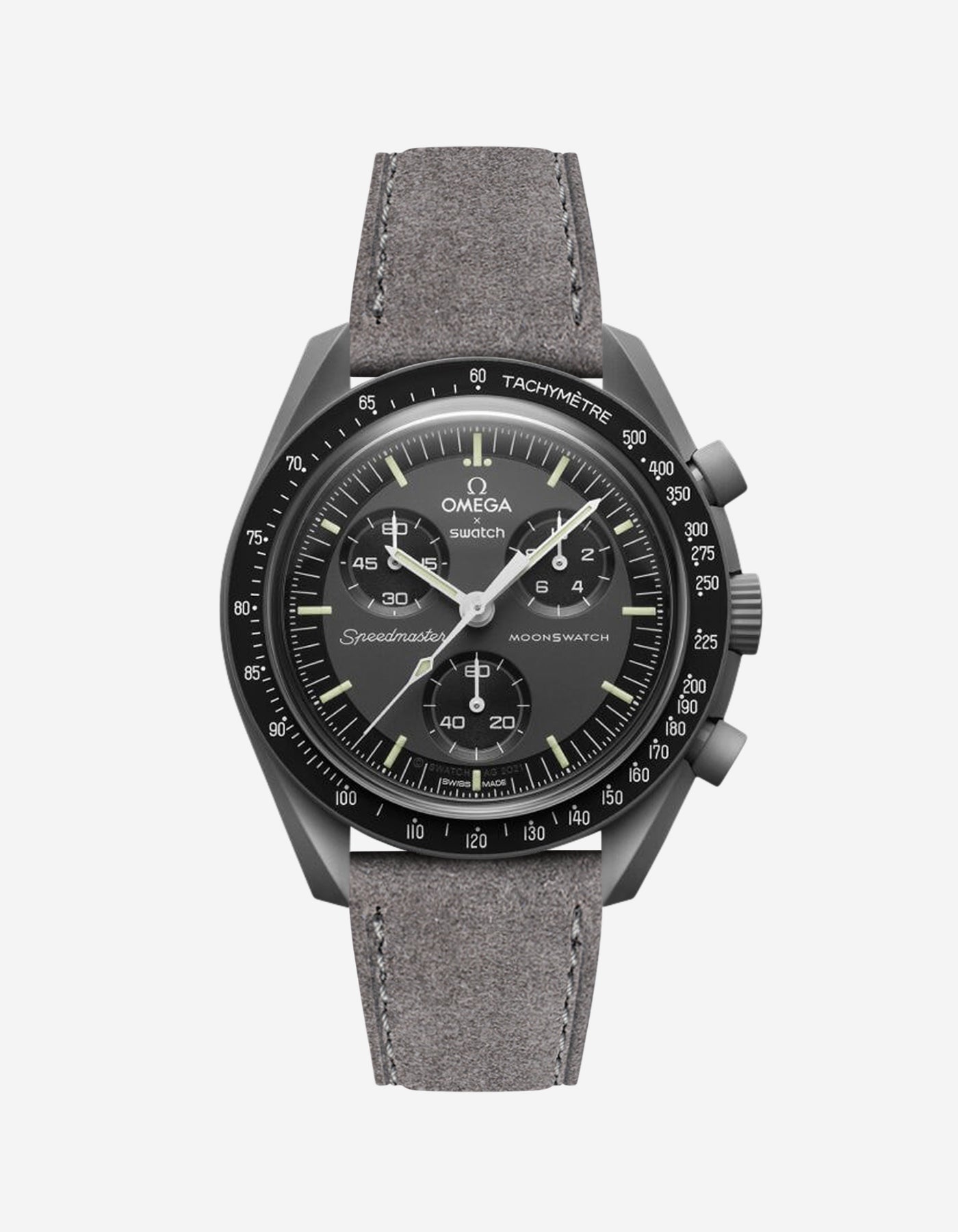 Omega X Swatch Mission to Mercury with Grey suede leather strap mounted on watch – front view
