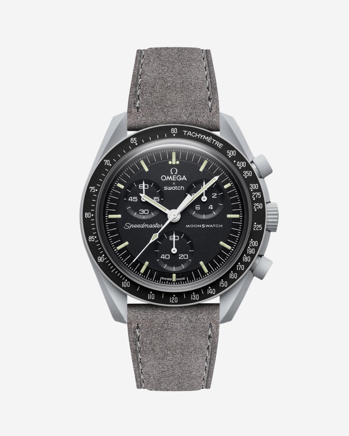 Omega X Swatch Mission to the Moon with Grey suede leather strap mounted on watch – front view