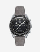 Omega X Swatch Mission to the Moon with Grey suede leather strap mounted on watch – front view