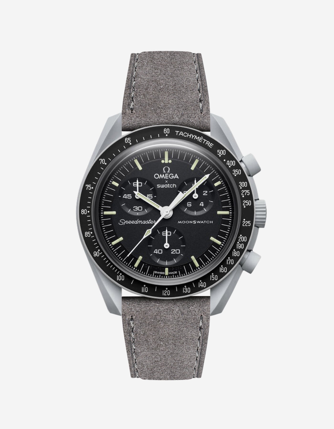 Omega X Swatch Mission to the Moon with Grey suede leather strap mounted on watch – front view