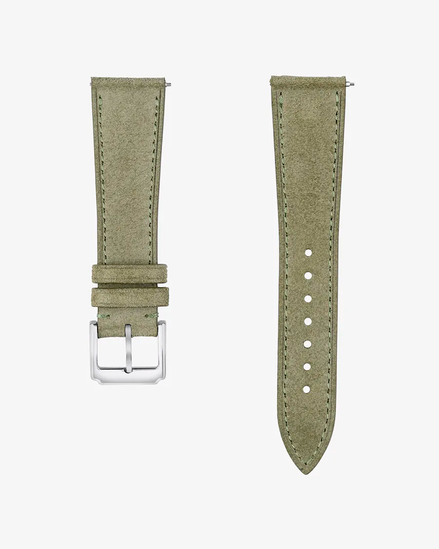 Herb Green suede leather strap with 316L buckle | flat lay of green variant from suede strap collection
