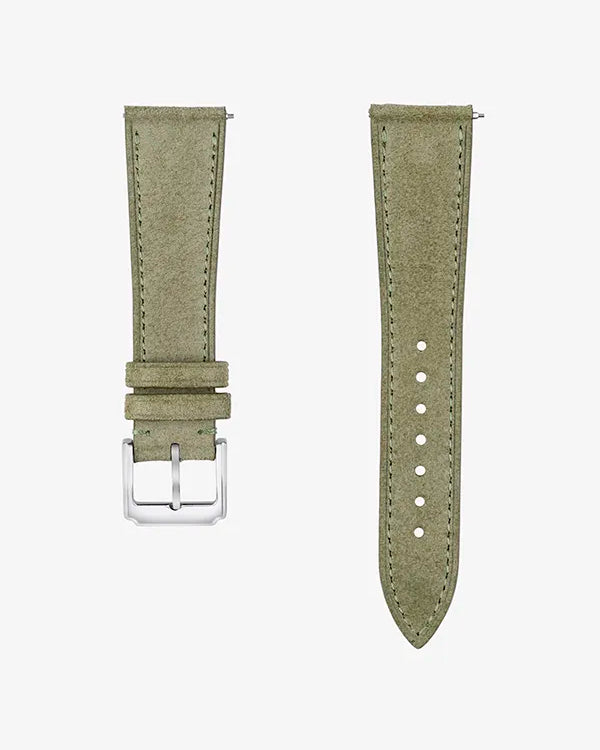 Herb Green suede leather watch strap with 316L stainless steel clasp | flat lay product photo