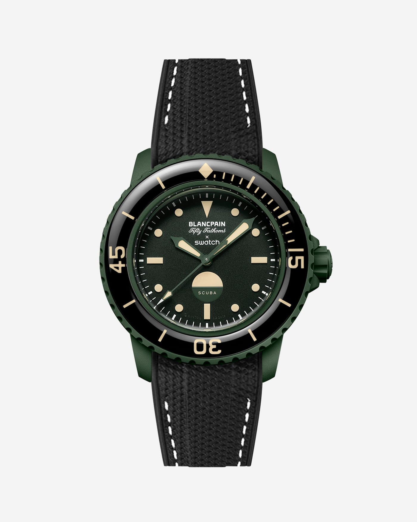 Vertech Black rubber strap with white stitching for Blancpain x Swatch Green Abyss – product image with black clasp