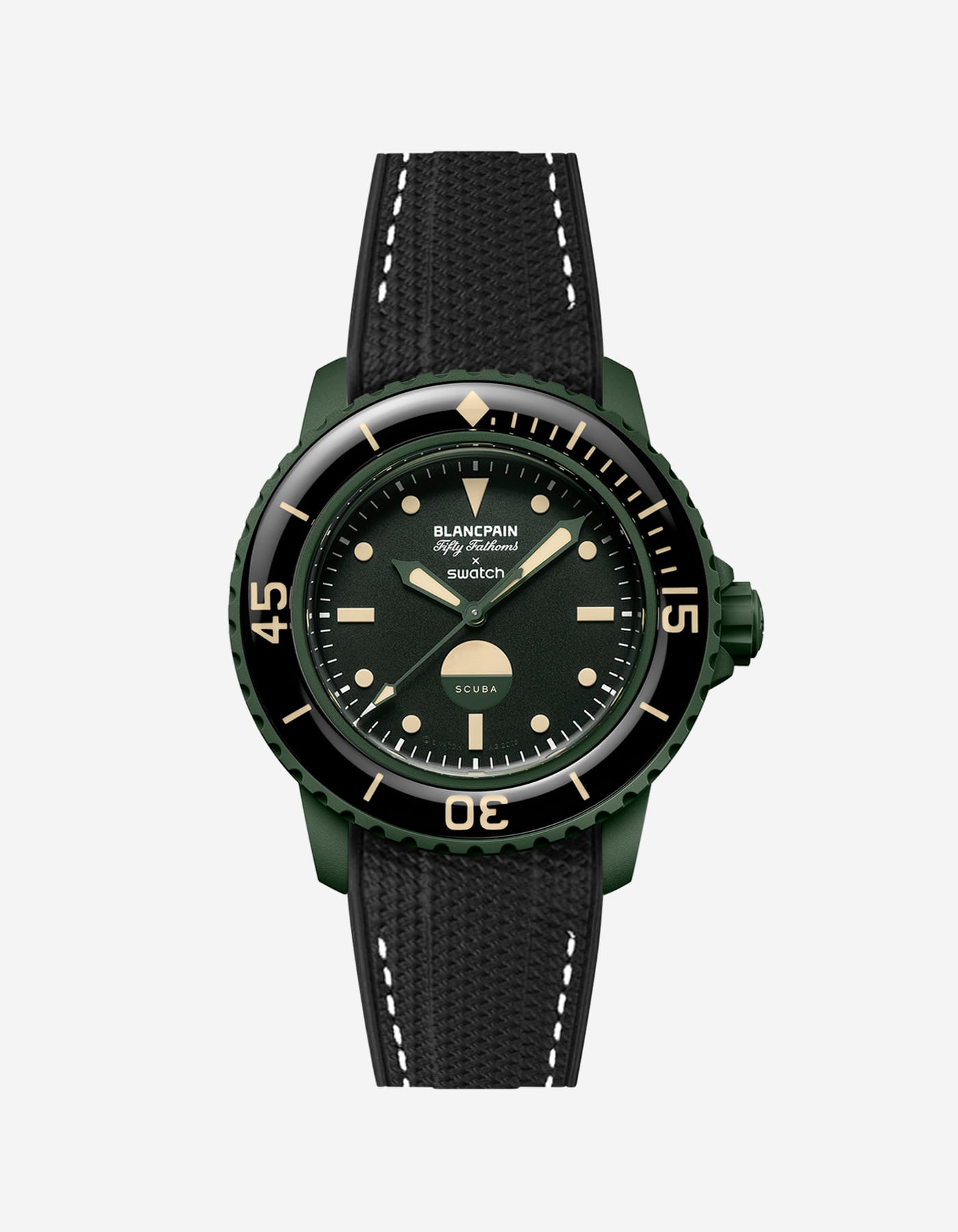 Vertech Black rubber strap with white stitching for Blancpain x Swatch Green Abyss – product image with black clasp