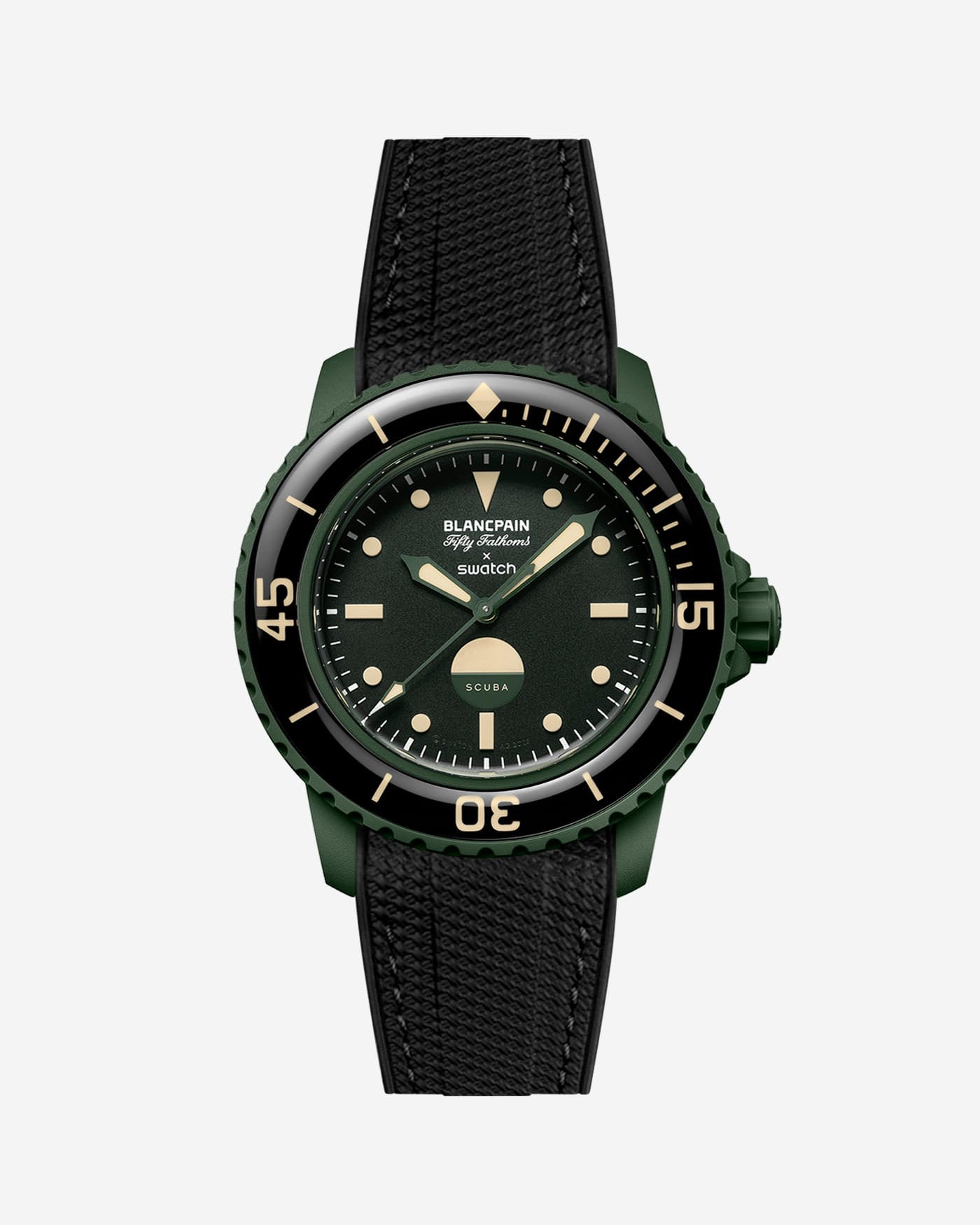 Vertech Black rubber strap mounted on Blancpain x Swatch Green Abyss – product view