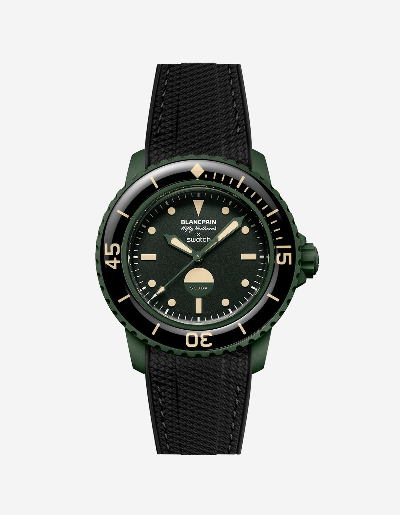 Vertech Black rubber strap mounted on Blancpain x Swatch Green Abyss – product view