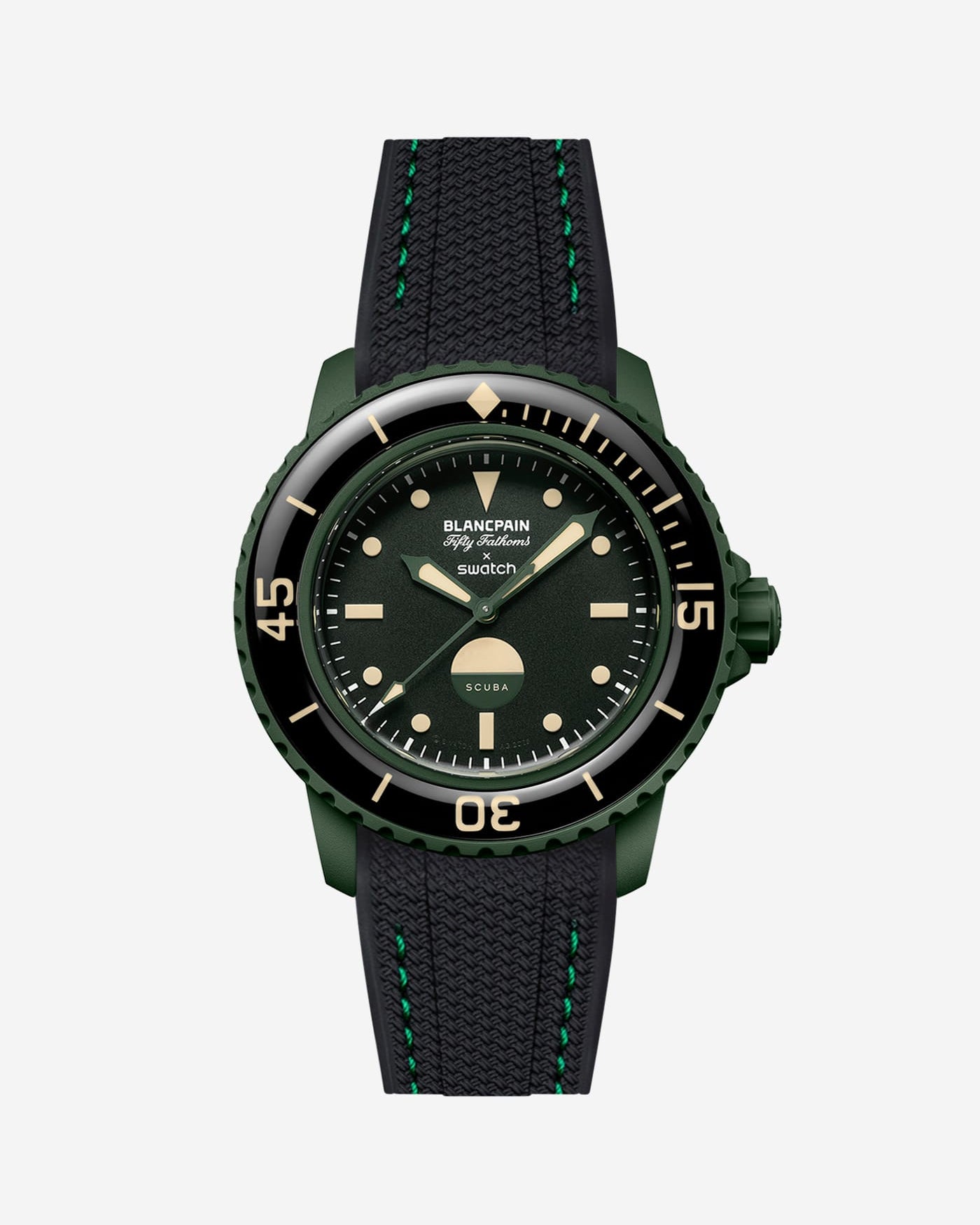Vertech Black rubber strap with green stitching mounted on Blancpain x Swatch Green Abyss – product view