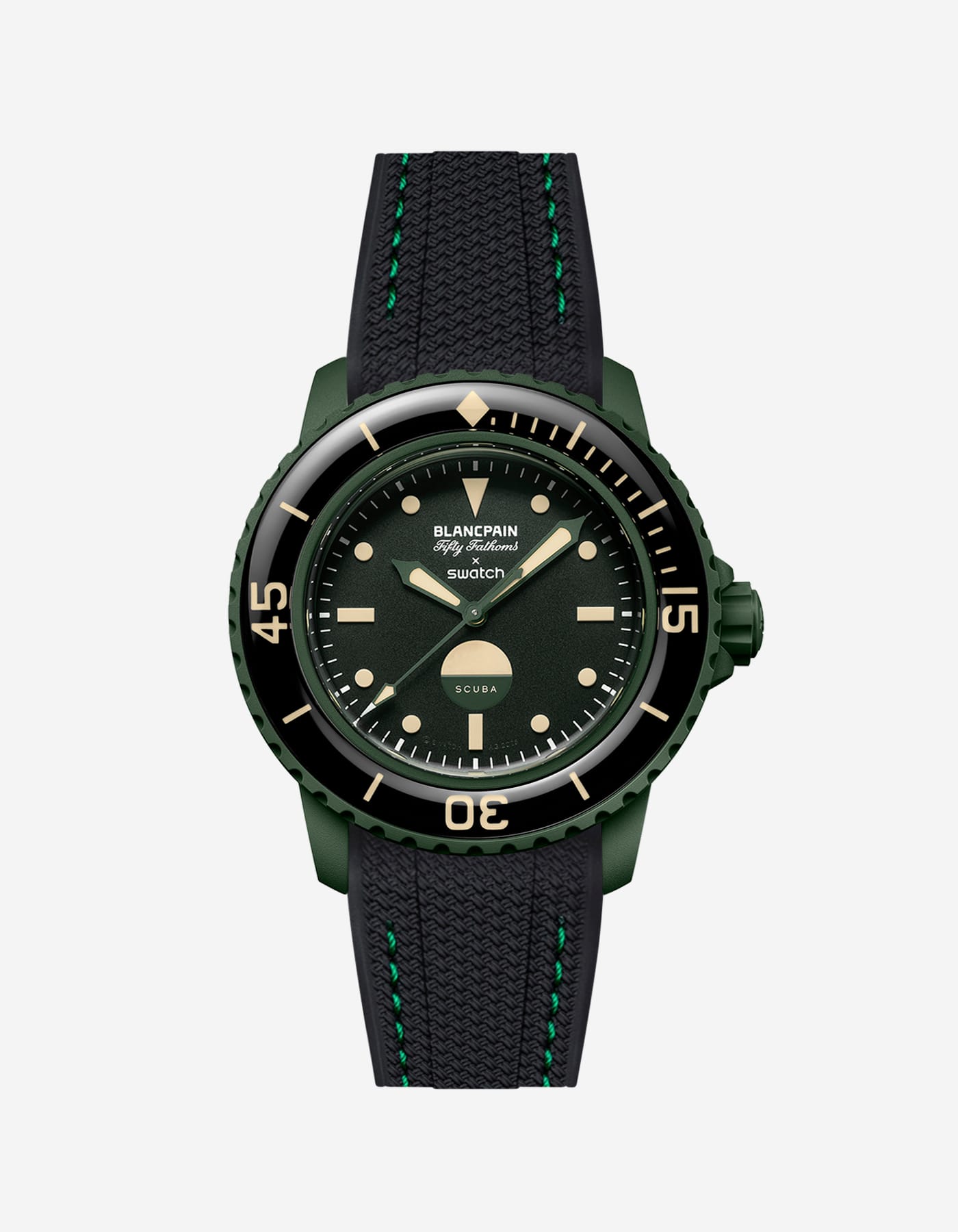 Vertech Black rubber strap with green stitching mounted on Blancpain x Swatch Green Abyss – product view