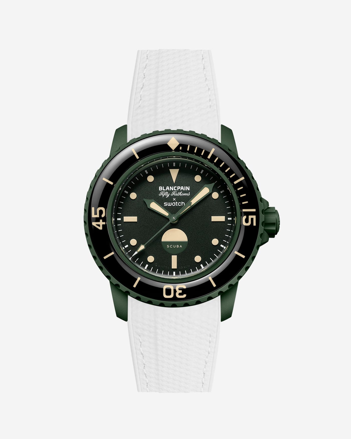 Vertech White rubber strap mounted on Blancpain x Swatch Green Abyss – product view