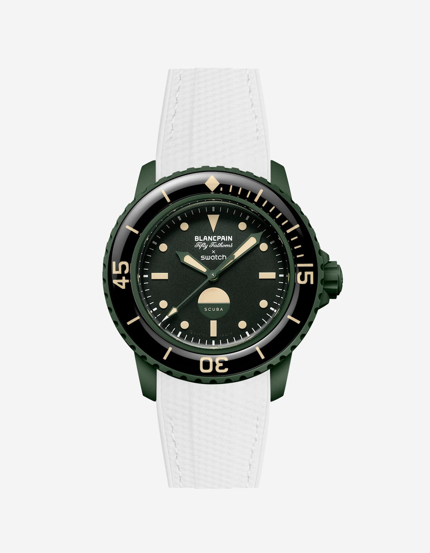 Vertech White rubber strap mounted on Blancpain x Swatch Green Abyss – product view